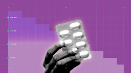 A black-and-white cutout of a hand is holding a blister pack against a purple step-graph background.
GoodRx Health