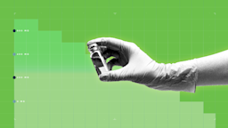 In the center of a bright green background with graph paper texture and representational step graph is a black and white cutout of a gloved hand holding a medication vial.
GoodRx Health