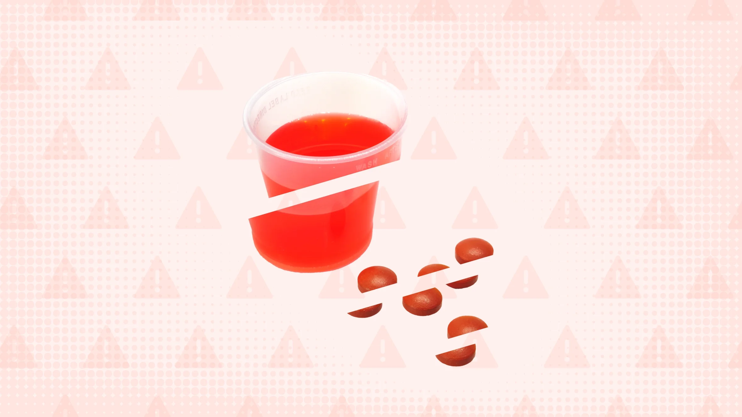 A graphic shows images of red medications cut into thirds against a light-red background with warning signs.