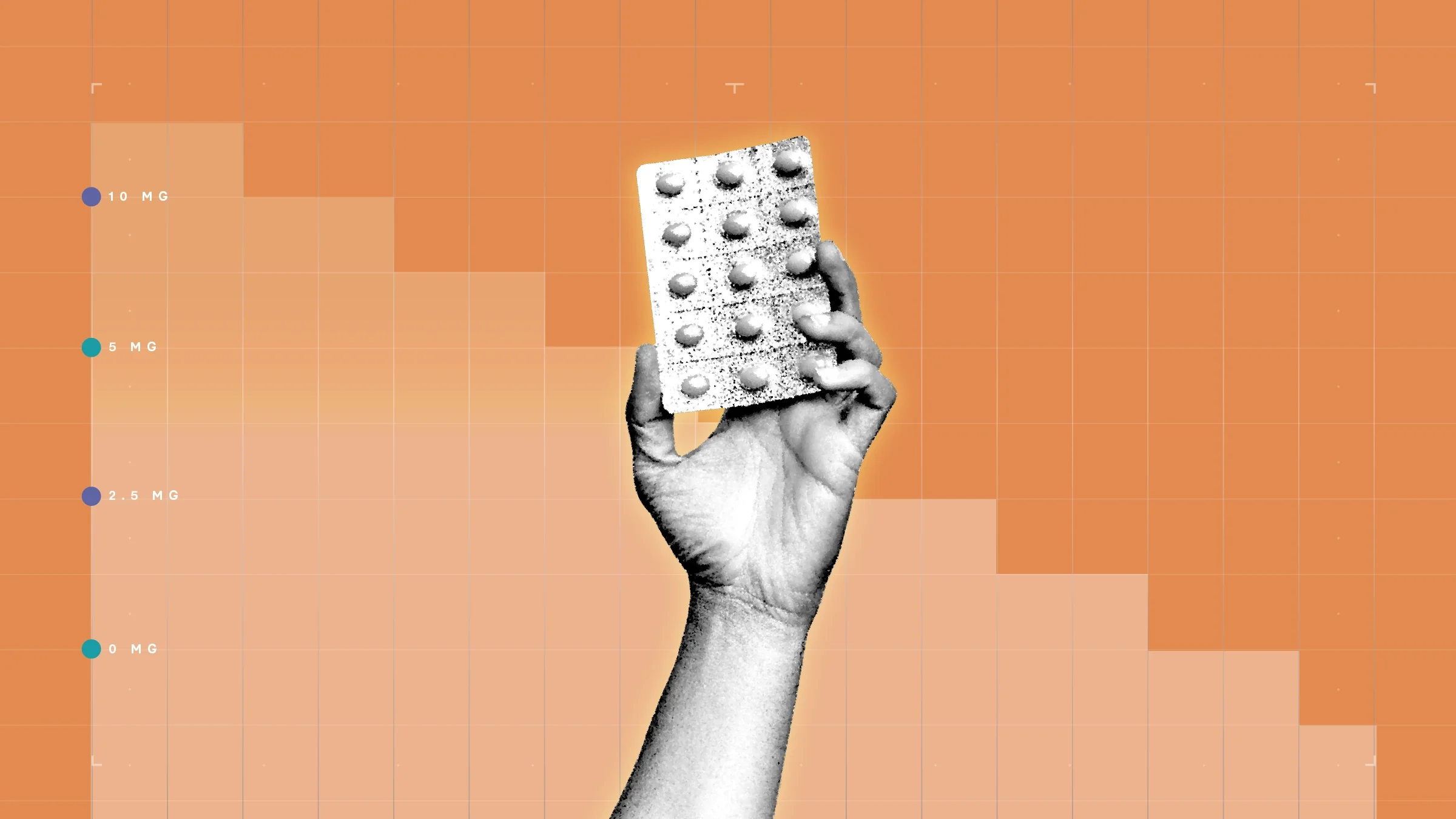 Orange background with graph paper texture and representational step graph. In the center is a black-and-white cutout of a hand holding a blister pack of round pills.