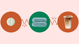 A graphic on Qelbree interactions shows iced coffee and two types of pills highlighted by red and green circles.
GoodRx Health