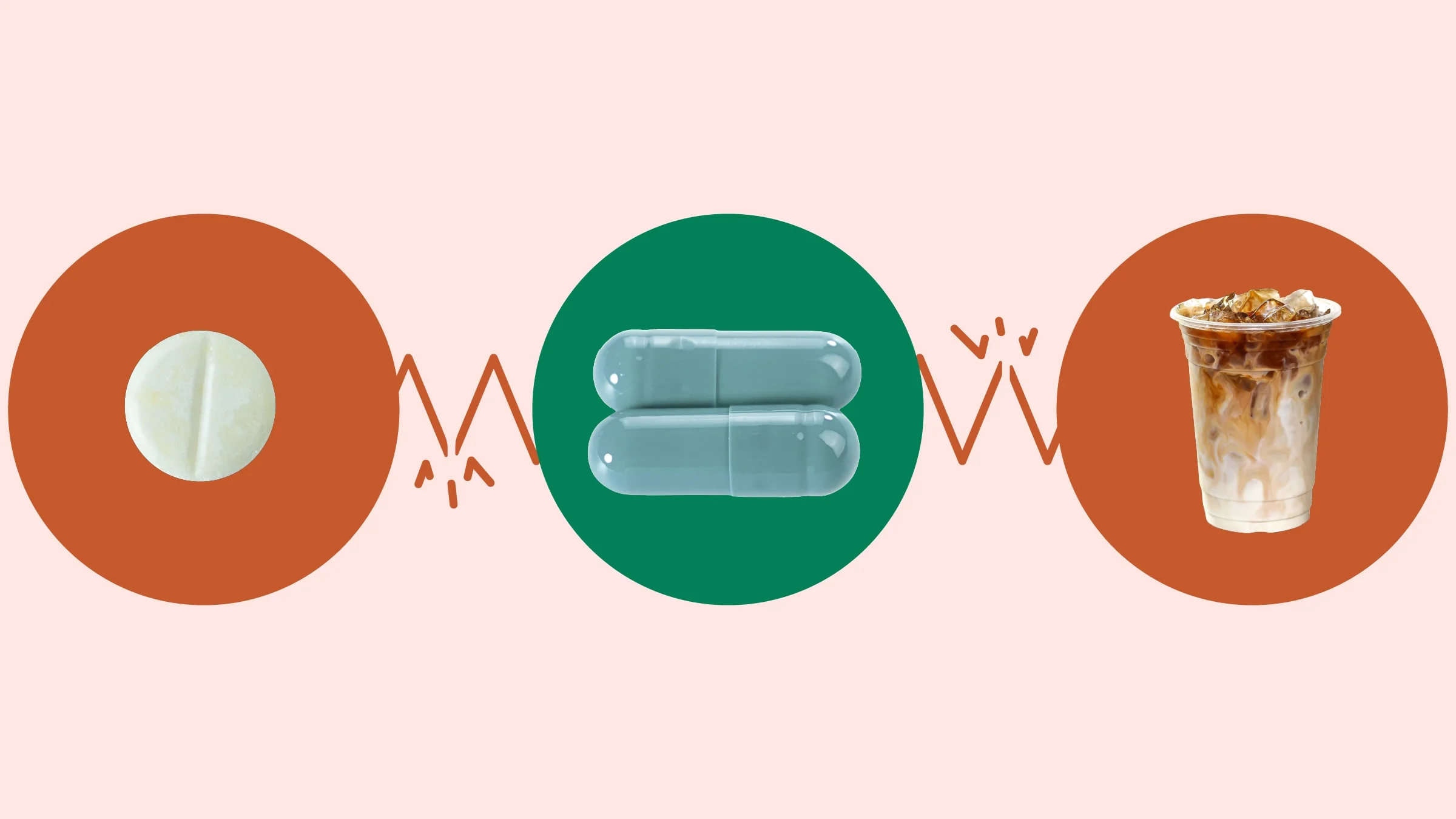 A graphic on Qelbree interactions shows iced coffee and two types of pills highlighted by red and green circles.