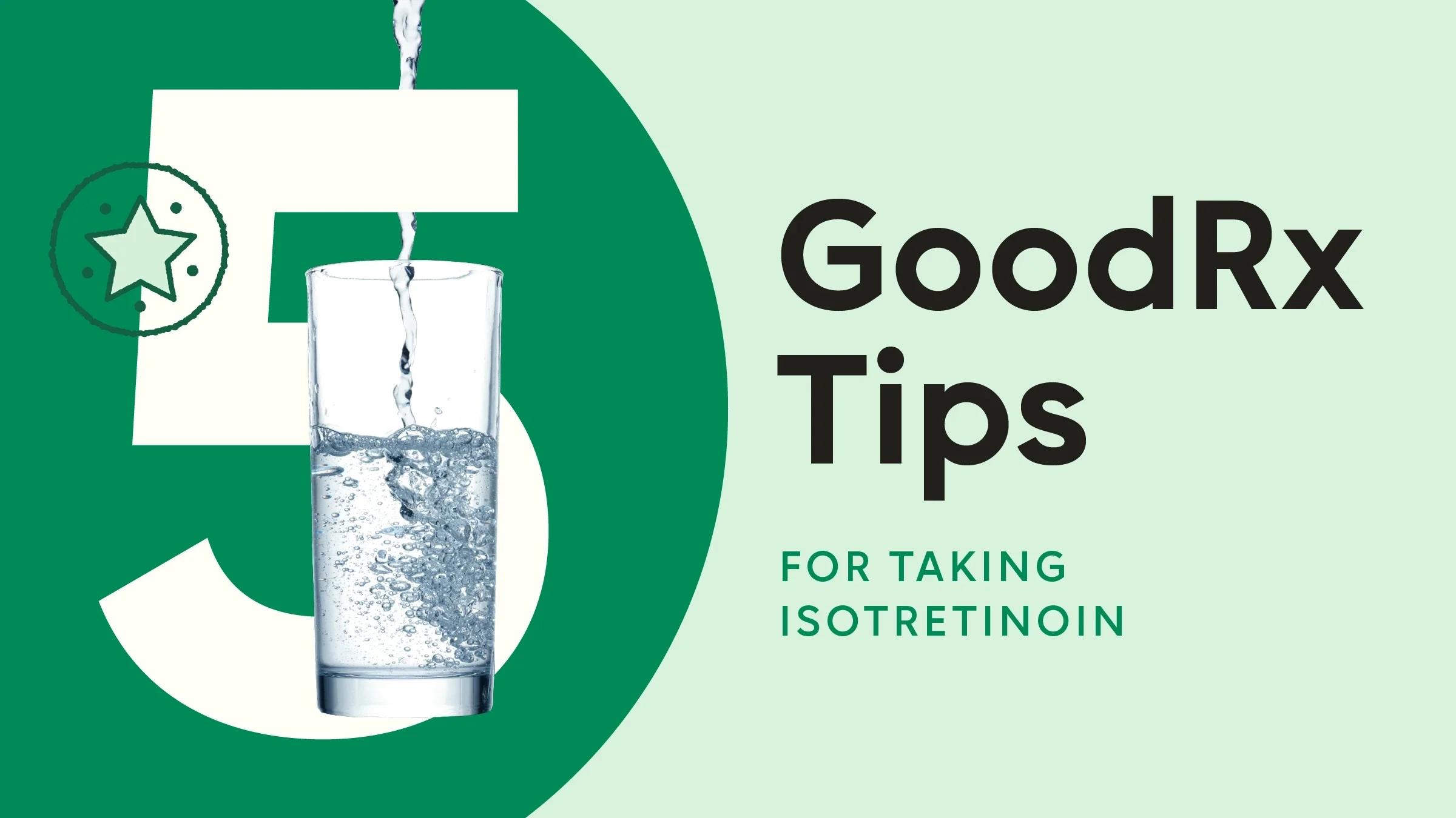 Light green background with dark green half circle on left side. The text reads: “5 GoodRx Tips for Taking Isotretinoin.” A glass of water is intertwined with the number five.  
