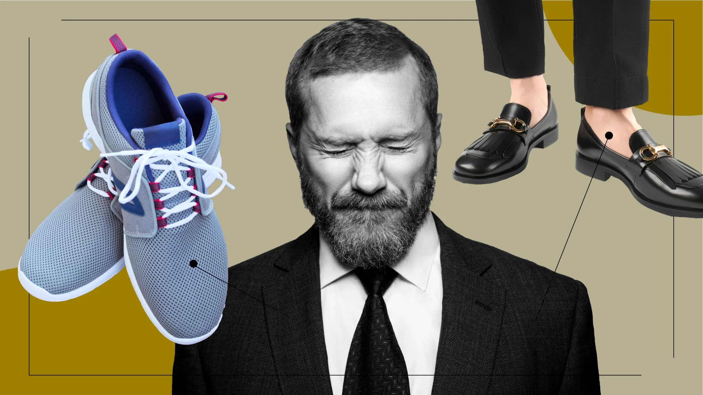 A graphic about bunion pain pictures a wincing man surrounded by running and dress shoes.