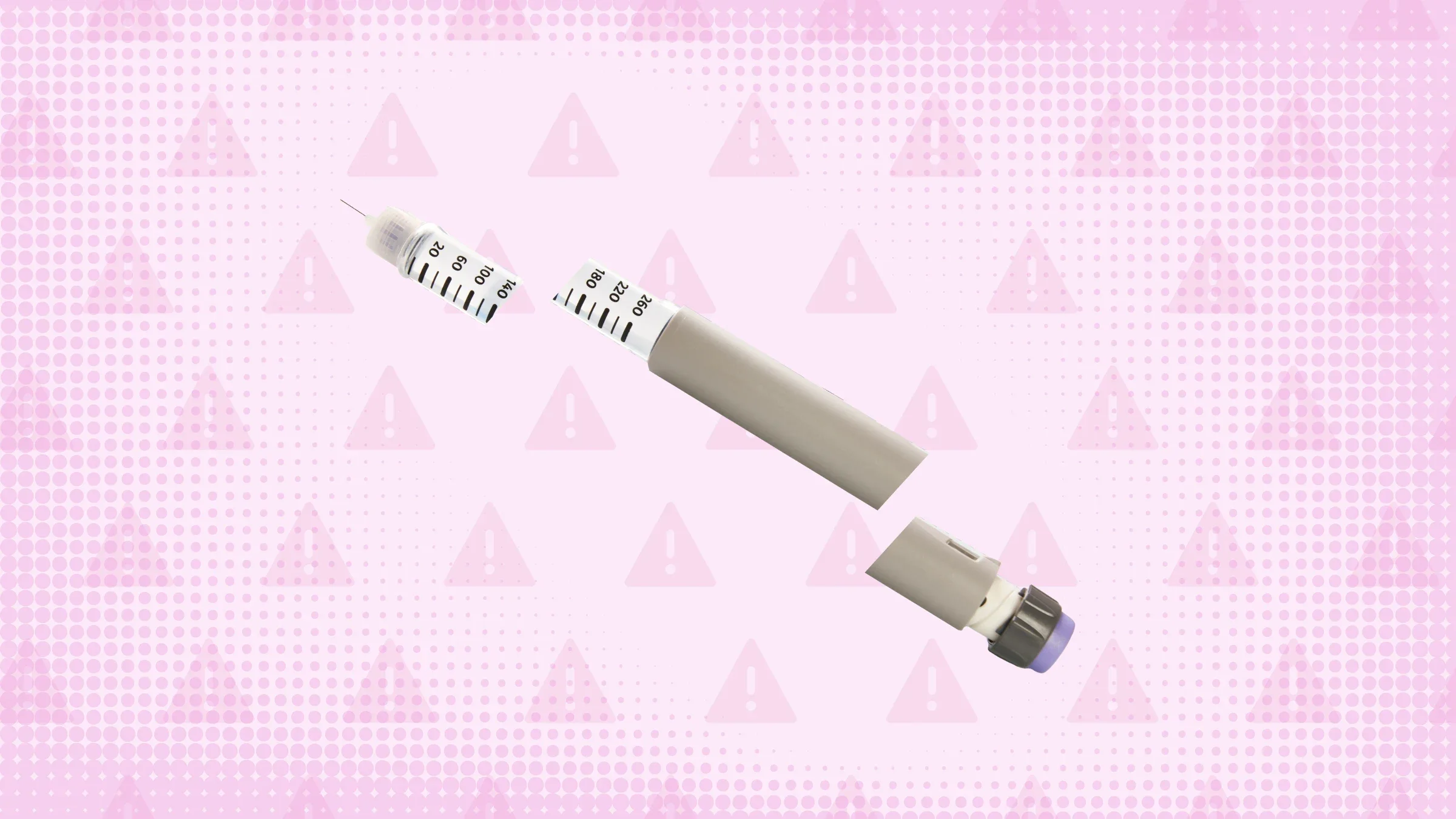 A graphic about Cosentyx side effects include a purple background with warning signs and a gray syringe pen cut into thirds. 
GoodRx Health