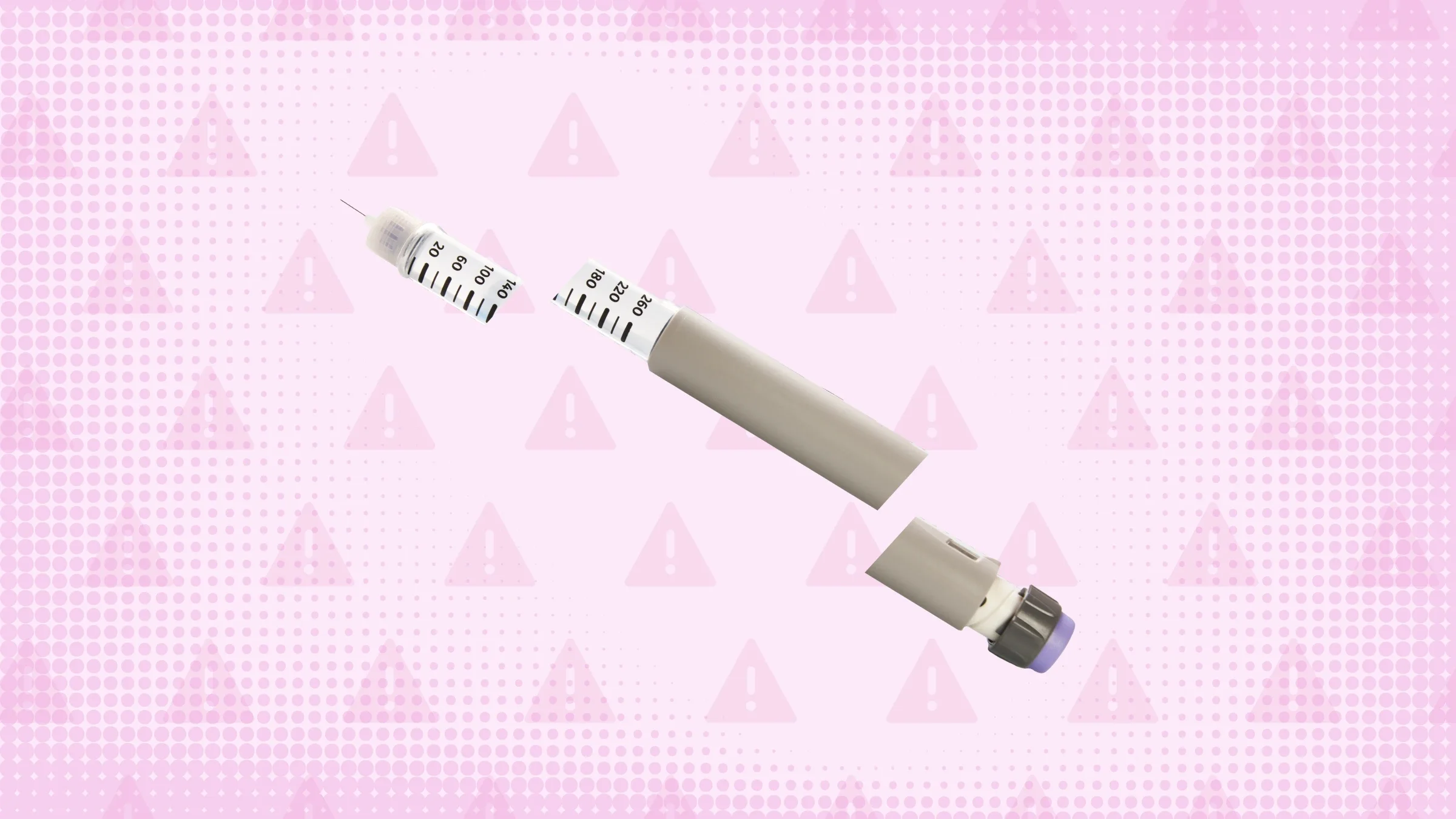 A graphic about Cosentyx side effects include a purple background with warning signs and a gray syringe pen cut into thirds. 