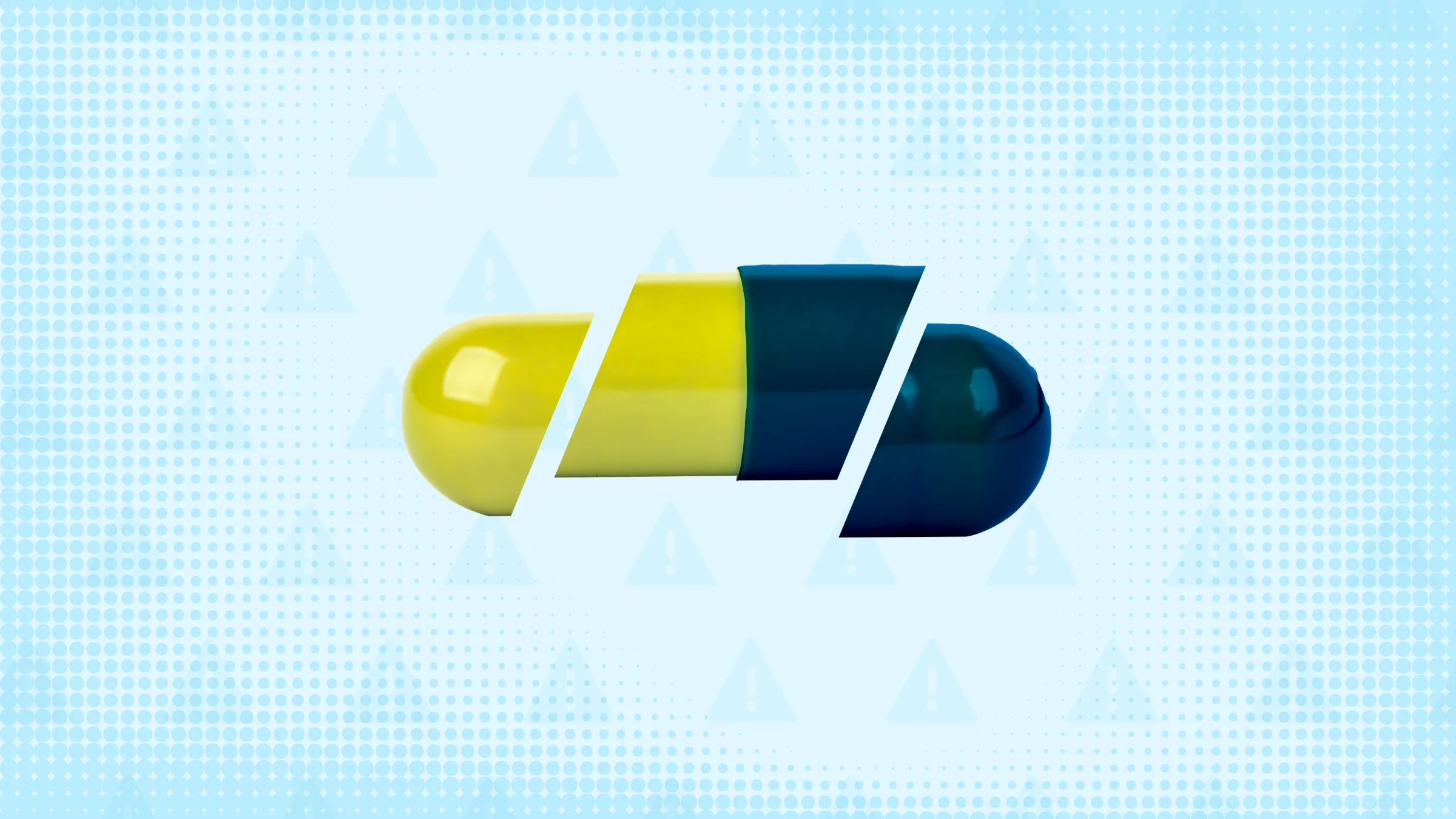 In the center of a light blue background with texture and warning sign pattern is a lime green and navy blue capsule pill cut into thirds.