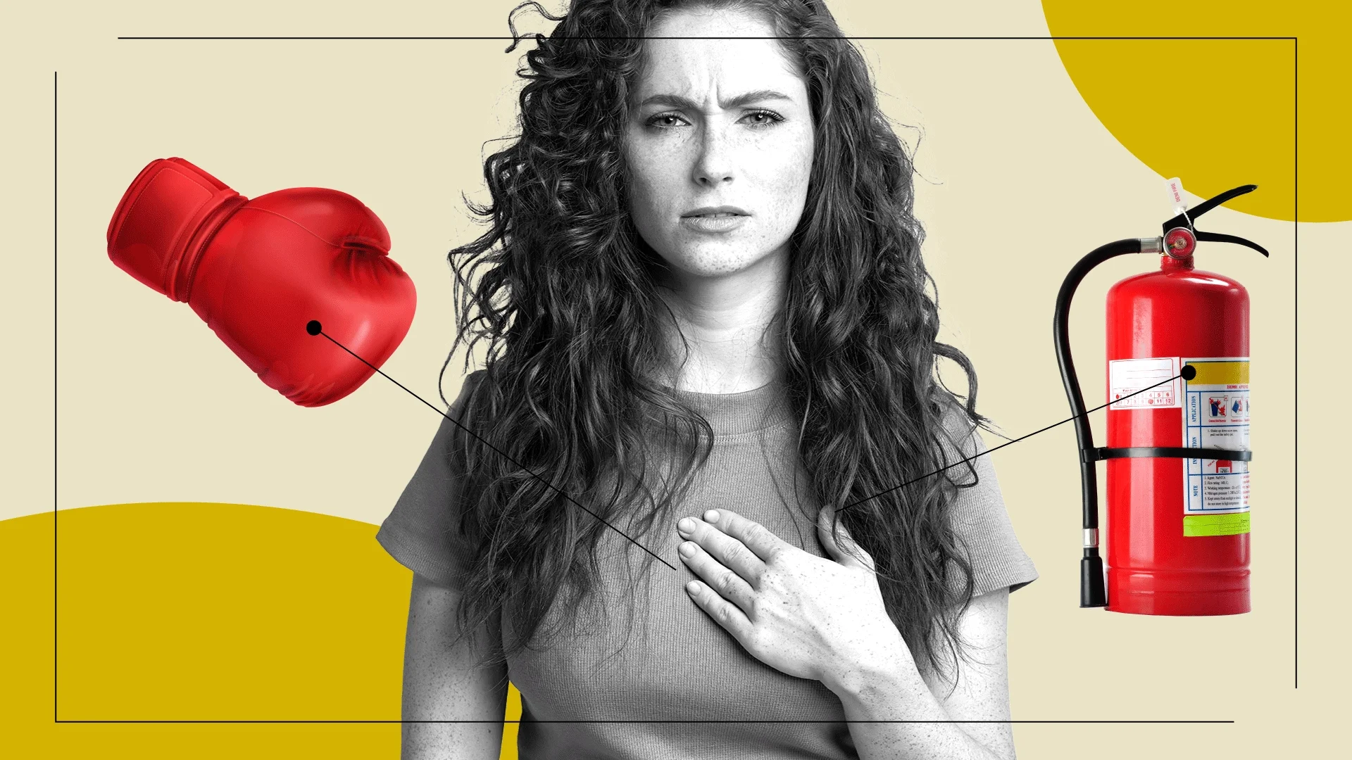 Graphic-treatment photo collage with a woman holding her chest in pain, surrounded by imagery of pain like a fire distinguisher and boxing gloves.