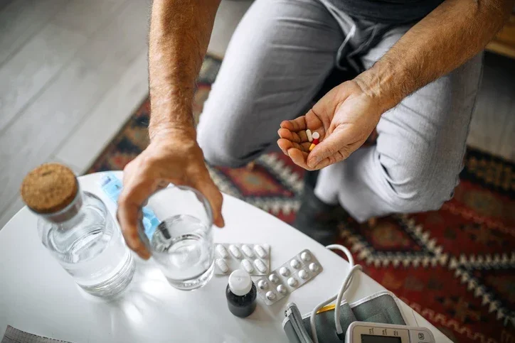 Close-up cropped shot of a man taking medications with a glass of water, the shot is looking top down at his hands and medication on a coffee table.
hobo_018/E+ via Getty Images