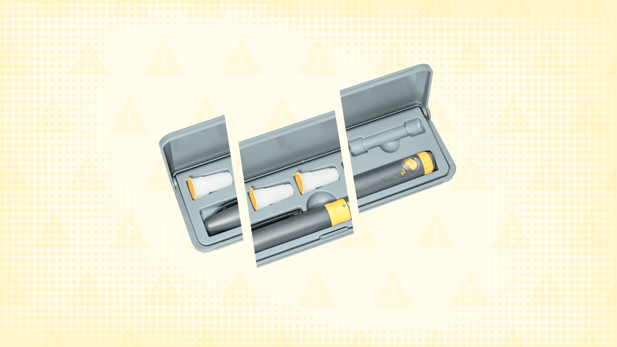 Light yellow background with texture and warning sign pattern. In the center is a storage box of an insulin pen and refill packages cut into thirds.