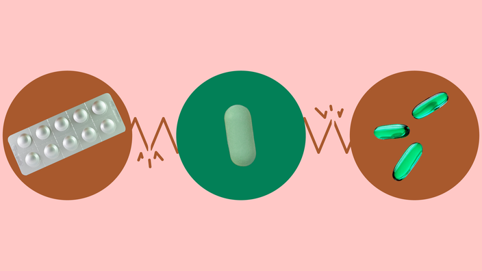 A graphic includes images of medications that can interact with SSRIs, highlighted by circles.