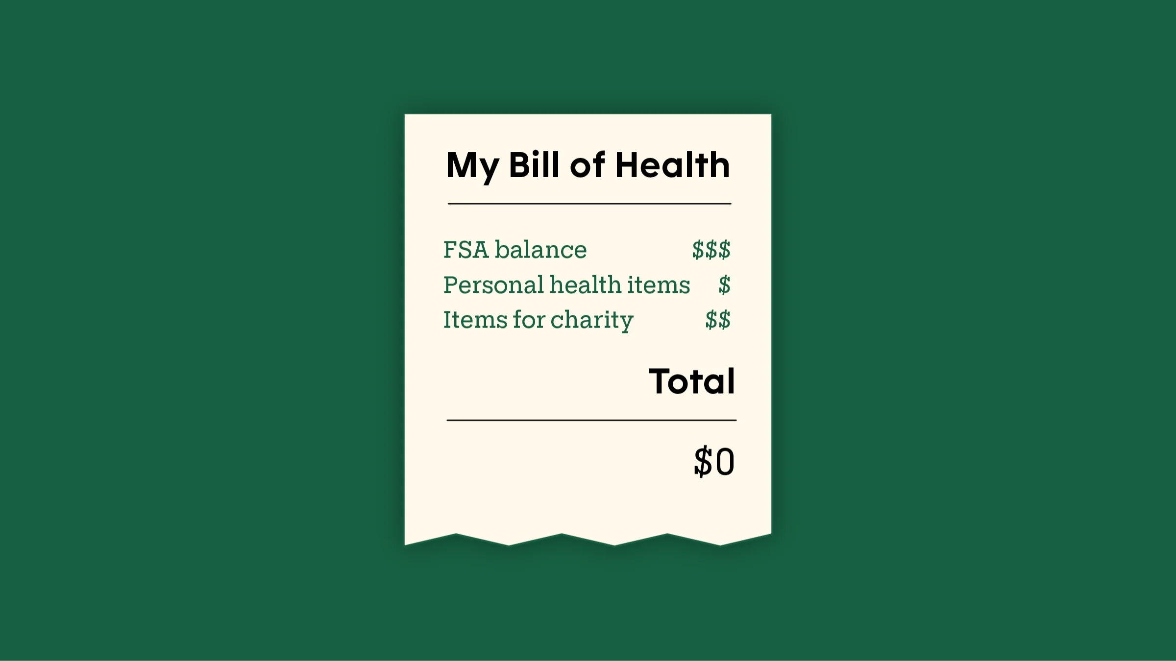 Dark green background with receipt graphic in center reading: “My Bill of Health: FSA balance $$$, personal health items $, items for charity $$; total $0”
