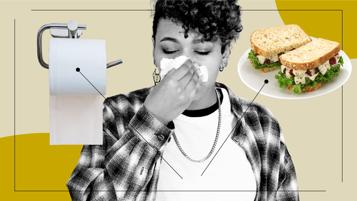 Tan background with yellow circle in the top-right and bottom-left corners. There is a black-and-white portrait of a person in the middle blowing their nose. Off of them, there are diagram lines pointing to items representing what it feels like to take Augmentin. The items are a toilet paper roll and a chicken salad sandwich.