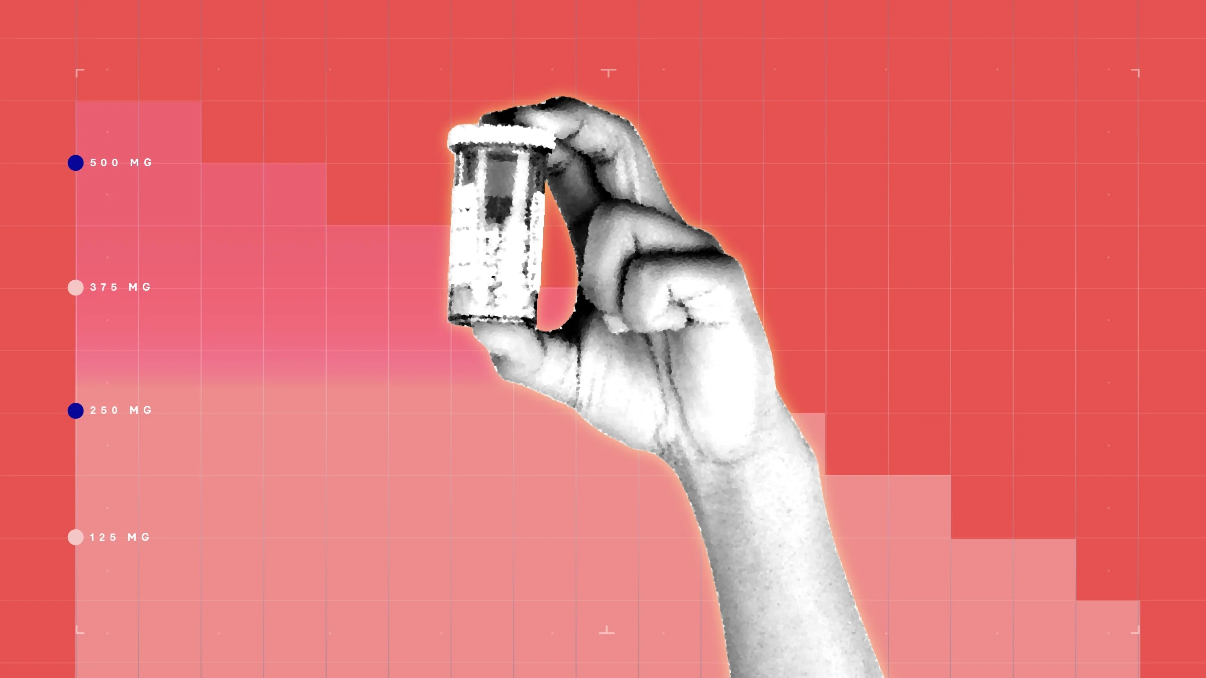 Light red background with graph paper texture and representational step graph. In the center is a black and white cutout of a hand holding a pill bottle.