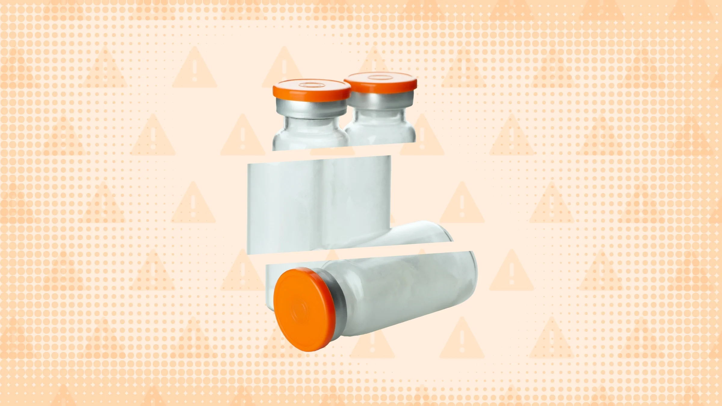 A graphic includes an orange warning-sign pattern and three medication vials cut into thirds.