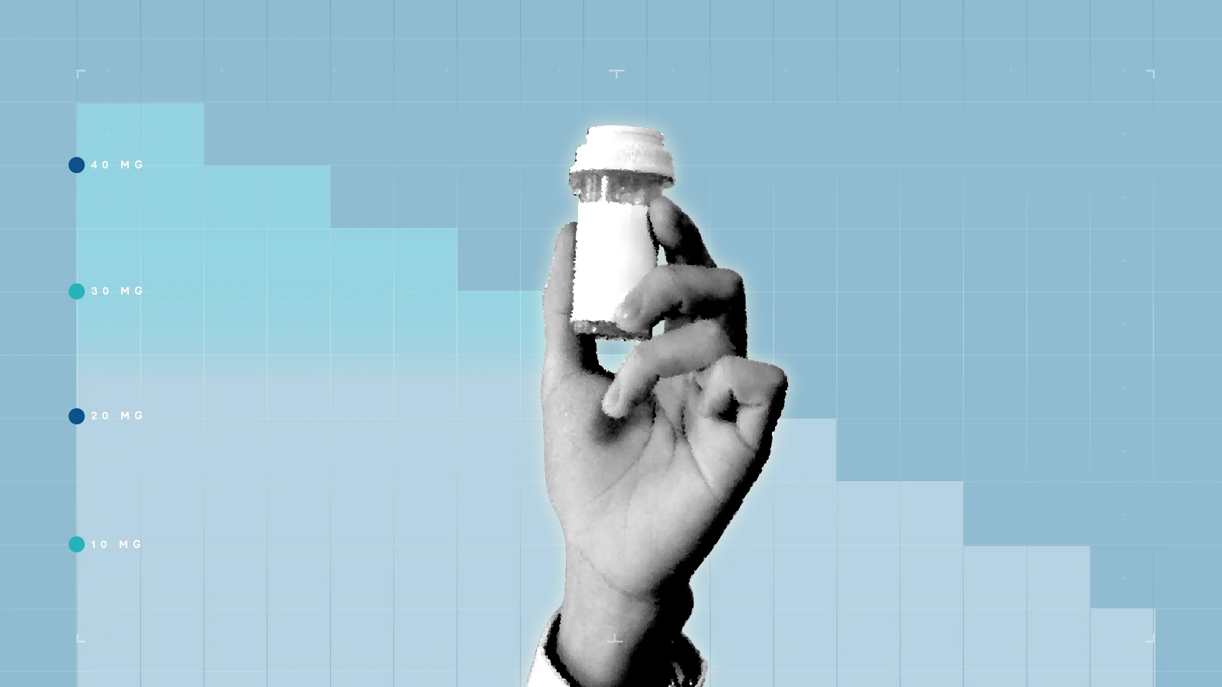 In the center of a light blue background with graph paper texture and representational step graph is a black and white cutout of a hand holding a prescription bottle.