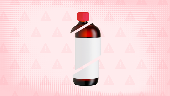 A graphic includes a light-red, warning-sign pattern and a liquid medicine bottle with a red cap cut into thirds.  
