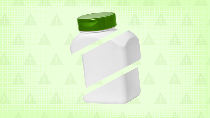 Light green background with texture and warning sign pattern. In the center is a square pill bottle with a green cap cut into thirds. 