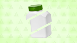 Light green background with texture and warning sign pattern. In the center is a square pill bottle with a green cap cut into thirds. 
GoodRx Health