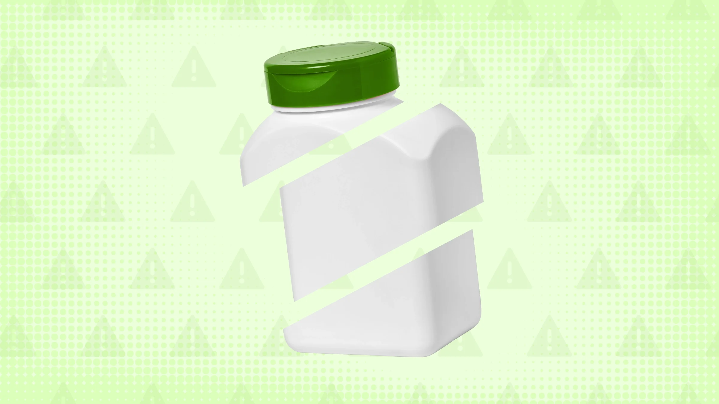 Light green background with texture and warning sign pattern. In the center is a square pill bottle with a green cap cut into thirds.