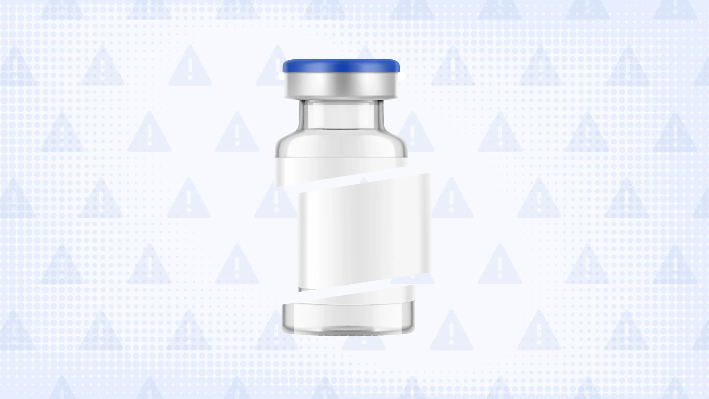 Light blue background with texture and warning sign pattern. In the center is a medication vial with a blue top cut into thirds.