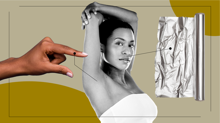 A graphic about laser hair removal includes images of a woman showing her armpit, a hand pinching, and aluminum foil.