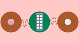 The image shows a light red background with three circles across the frame. In the center, on a green circle, is a blister pack of white pills. On the left, on a red circle, is a round pink pill. On the right, on a red circle, is a round white pill.
GoodRx Health
