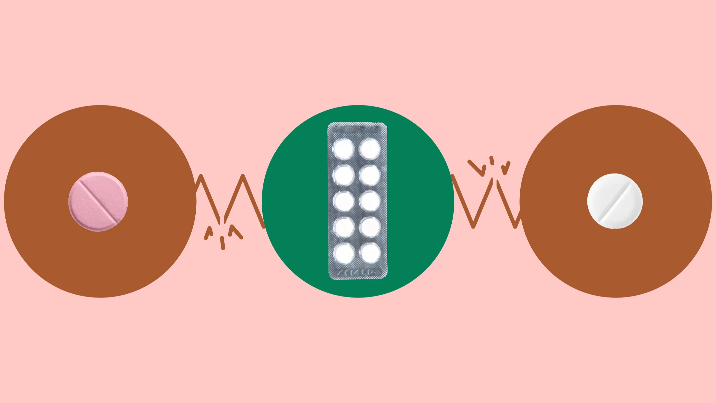The image shows a light red background with three circles across the frame. In the center, on a green circle, is a blister pack of white pills. On the left, on a red circle, is a round pink pill. On the right, on a red circle, is a round white pill.