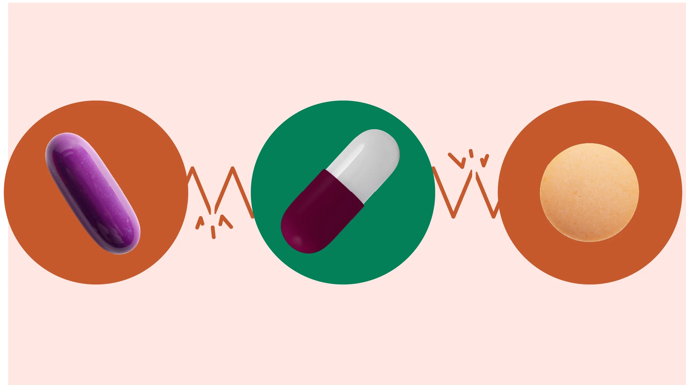 Light red background with three circles across the frame. In the center, on a green circle, is a purple and white capsule pill. On the left, on a red circle, is a purple gel pill. On the right, on a red circle, is a round orange pill