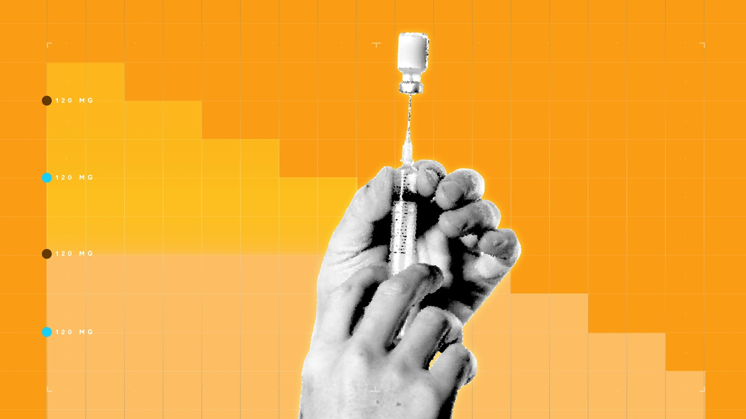 In the center of an orange background with graph paper texture and representative step graph is a black and white cutout image of hands filling a syringe.