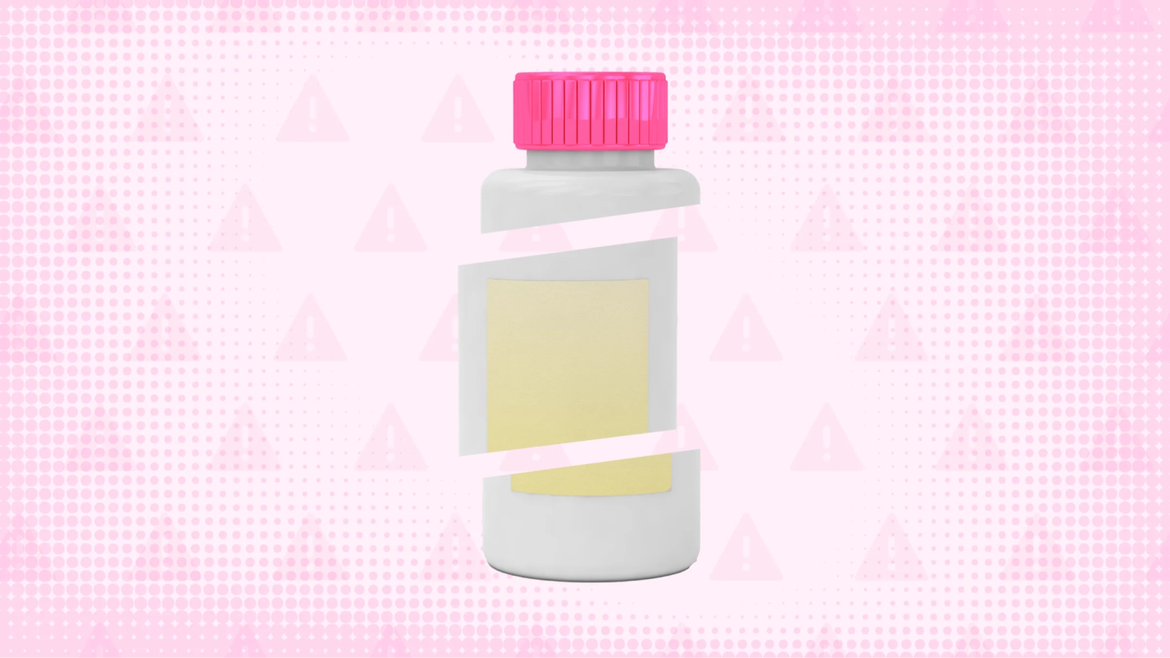 Pink background with halftone texture and warning sign pattern. In the center is a pill bottle with a pink cap cut into thirds.