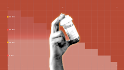 Dark-red background with graph paper texture and representational step graph. In the center is a black-and-white cutout of a hand holding a prescription bottle. 
GoodRx Health