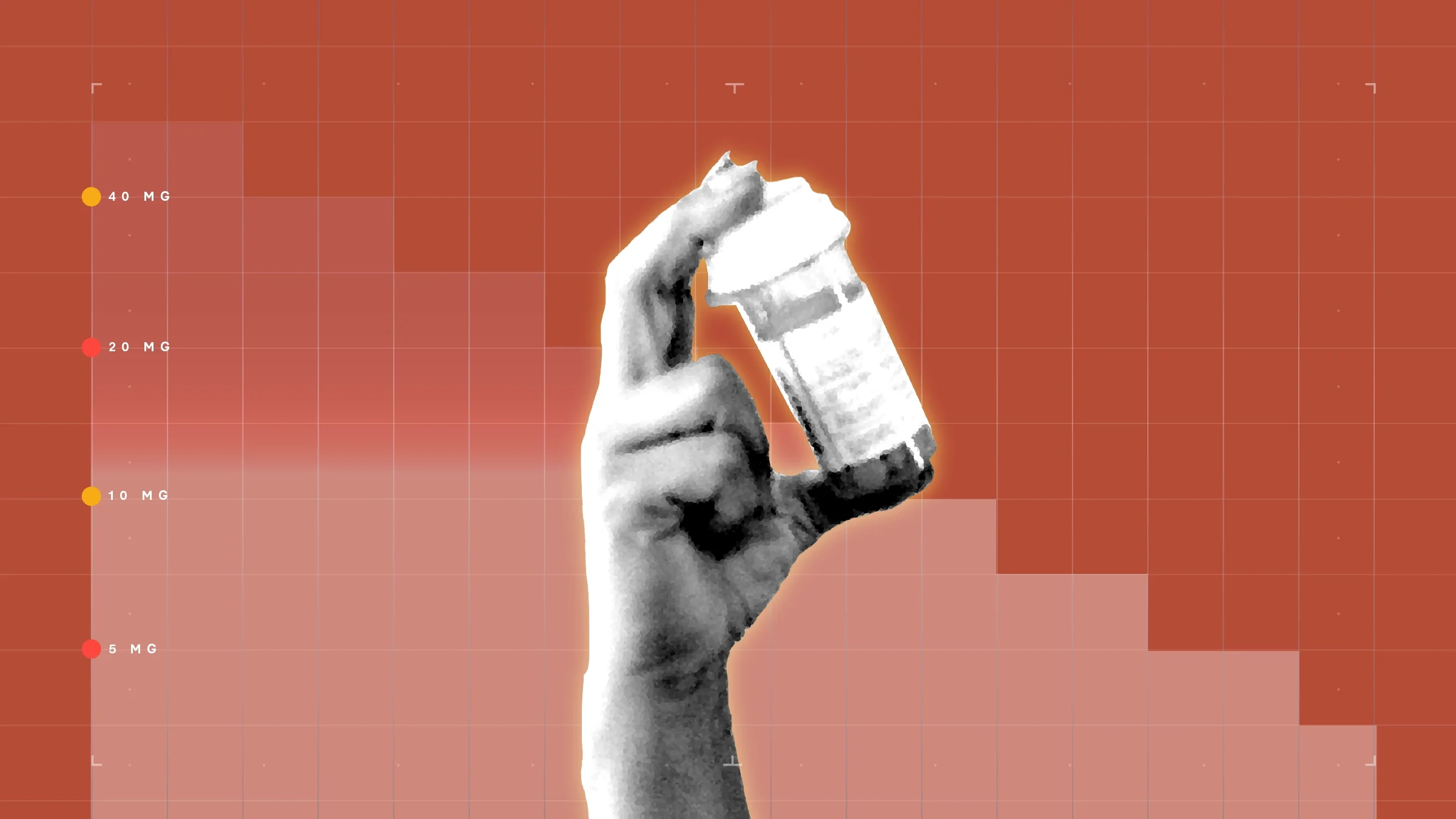 Dark-red background with graph paper texture and representational step graph. In the center is a black-and-white cutout of a hand holding a prescription bottle.