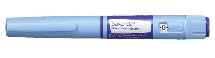 Product photo of the blue and purple Saxenda auto injector. 
