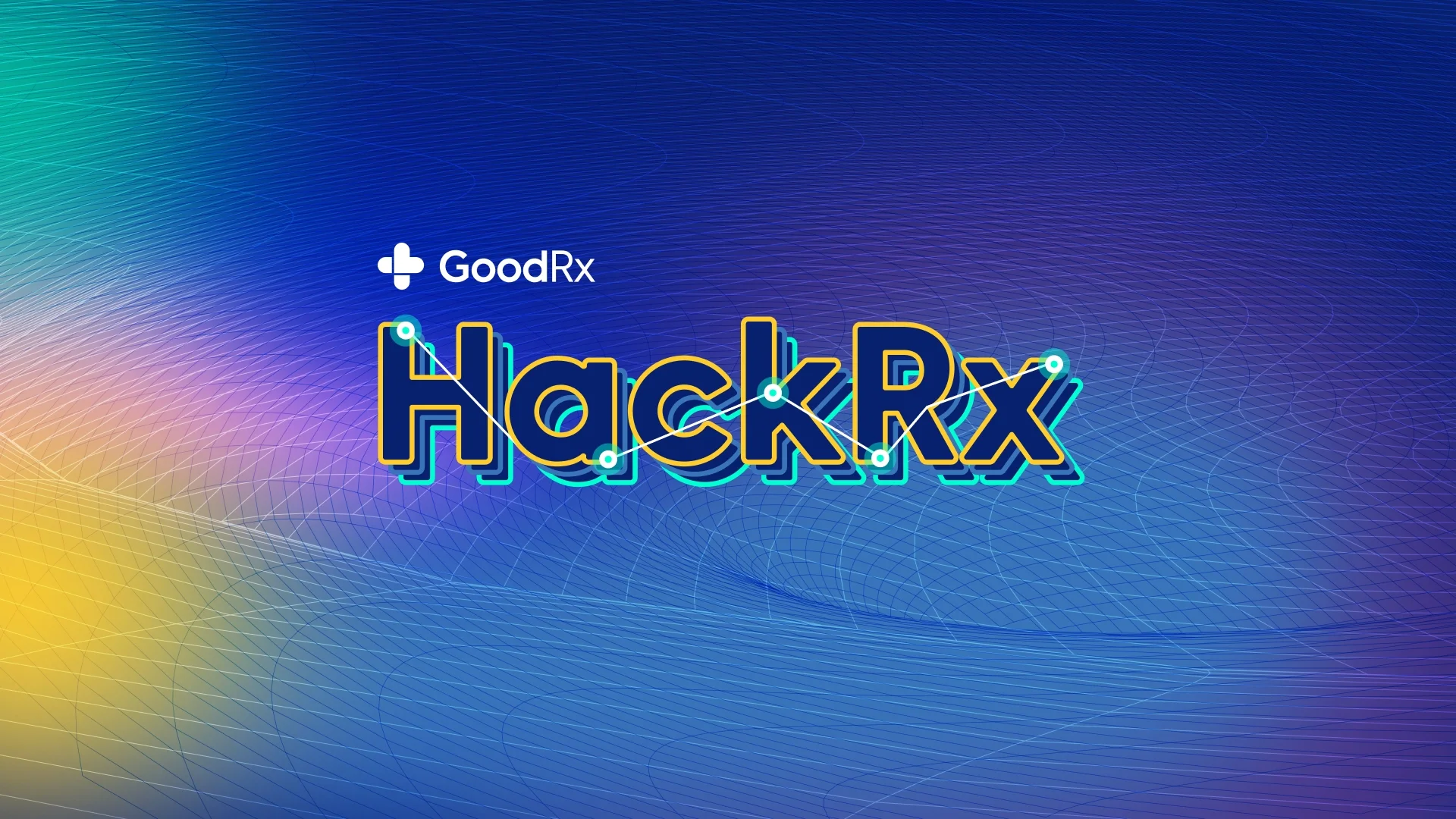 Custom graphic reading "GoodRx: HackRx" with a futuristic data look and colorful gradient background.