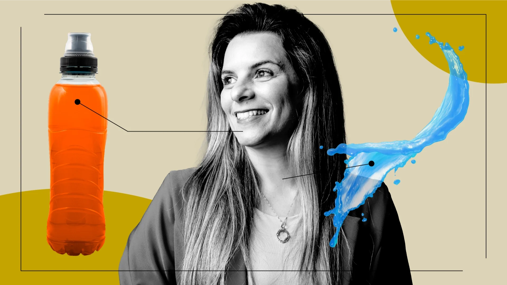 Tan background with yellow circles in the top right and bottom left corners. There is a black and white photo of a woman with a soft smile looking off to the side. Off of her, there are diagram lines pointing to items representing the feeling of a colonoscopy prep. The items are: a Gatorade bottle and a bright splash of water or fluid.