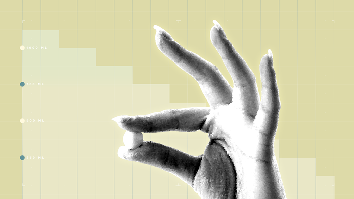 In the center is a light yellow background with graph paper texture and representational step graph is a black and white cutout image of a hand holding a single pill in between their thumb and pointer finger. 