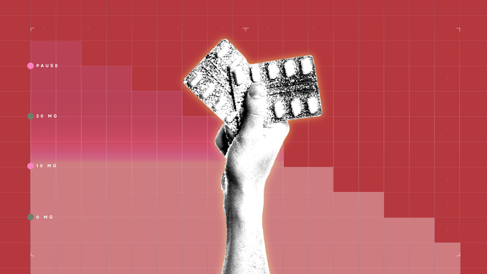 Red background with graph paper texture and representational step graph. In the center is a black and white cutout of a hand holding blister packs of pills.