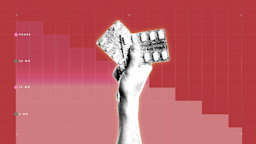 Red background with graph paper texture and representational step graph. In the center is a black and white cutout of a hand holding blister packs of pills.
GoodRx Health