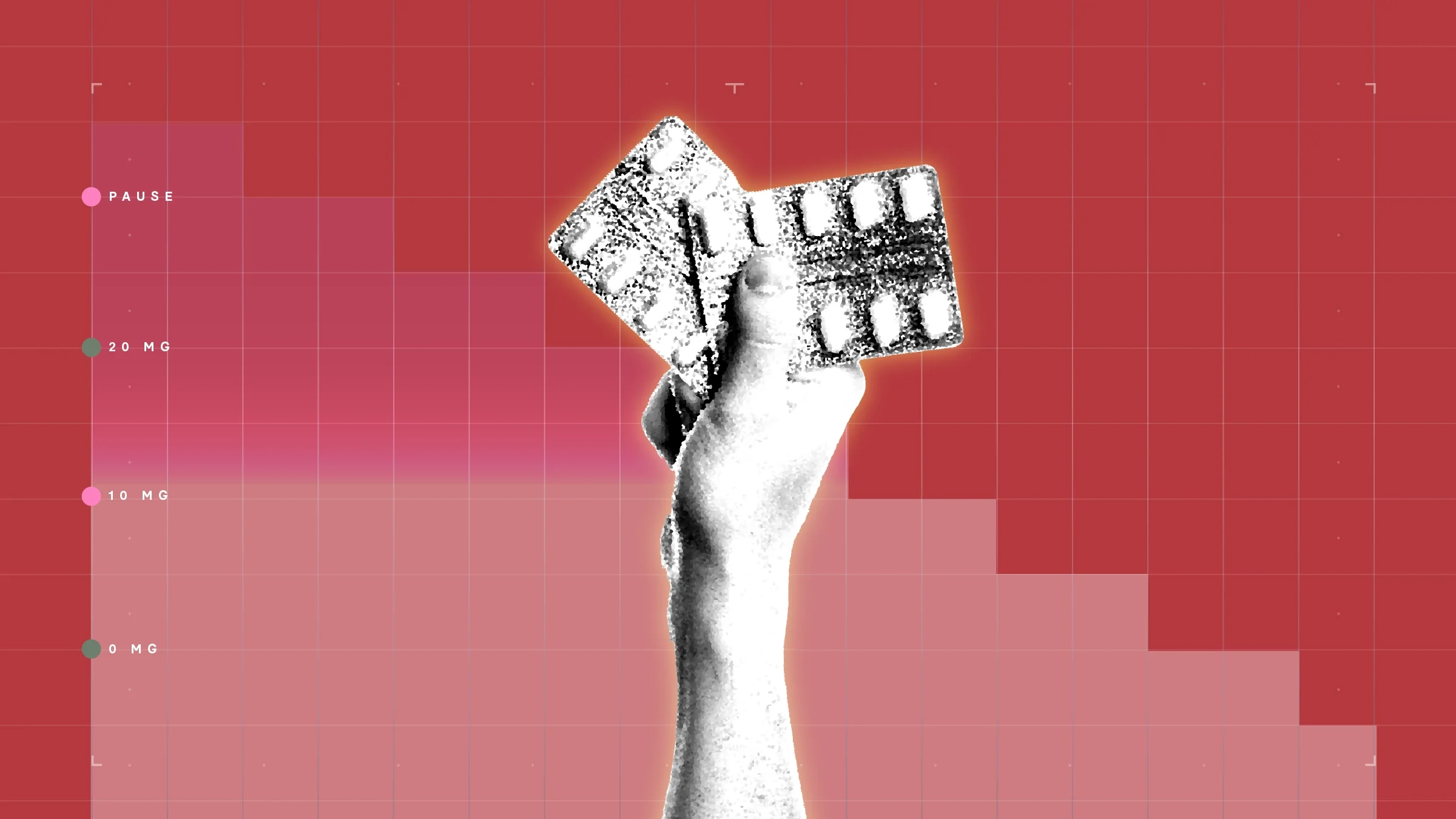 Red background with graph paper texture and representational step graph. In the center is a black and white cutout of a hand holding blister packs of pills.