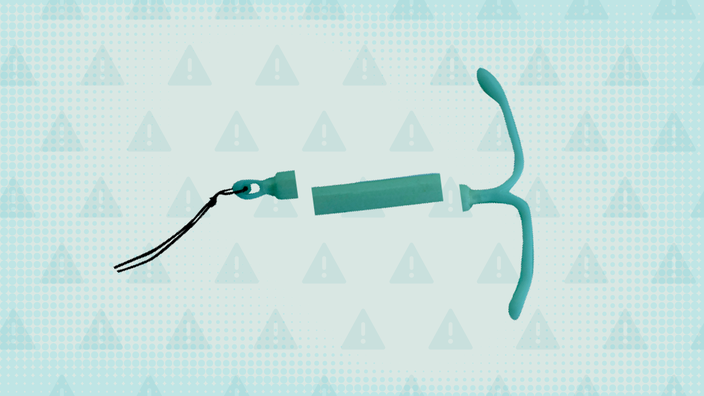 Teal background with halftone texture and warning sign pattern. In the center is a teal hormonal IUD cut into thirds. 
