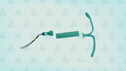 Teal background with halftone texture and warning sign pattern. In the center is a teal hormonal IUD cut into thirds. 
GoodRx Health