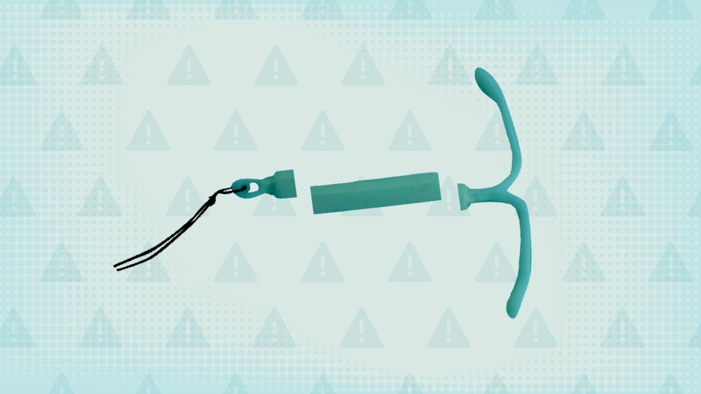 Teal background with halftone texture and warning sign pattern. In the center is a teal hormonal IUD cut into thirds. 