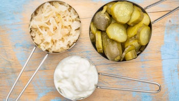 Diet nutrition: Gut health: sauerkraut pickles yogurt 499285390