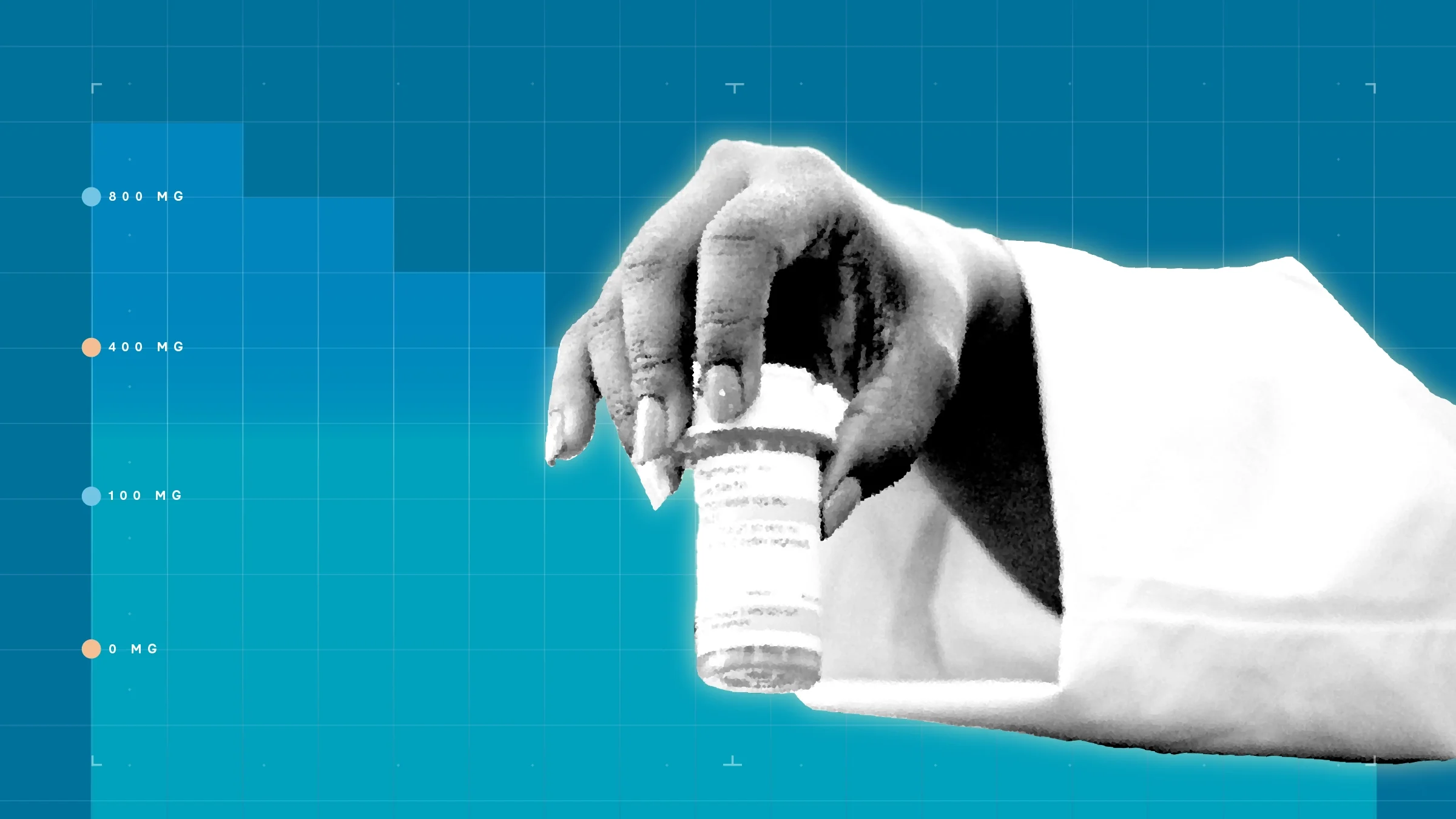 In the center of a dark blue background with graph paper texture and representational step graph is a black and white cutout of a doctor's hand holding a prescription bottle.