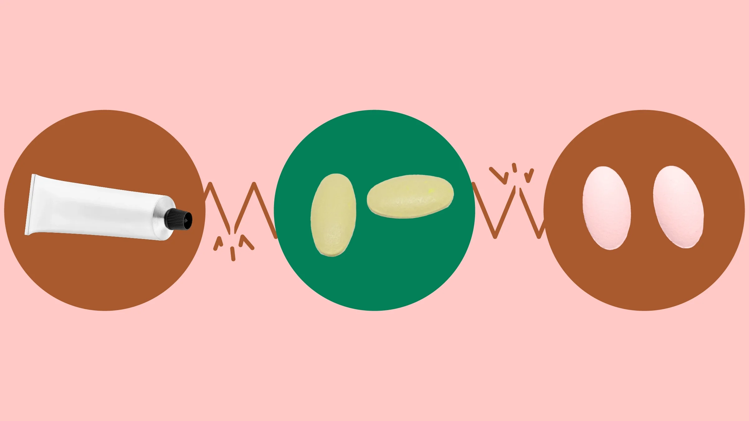 Light red background with three circles across the frame. In the center, on a green circle, are two oblong yellow pills. On the left, on a red circle, is a prescription ointment tube. On the right, on a red circle, are two pinkish color pills. 