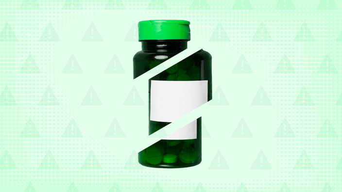 Light-green background with texture and warning sign pattern. In the center is a green supplement bottle cut into thirds. 