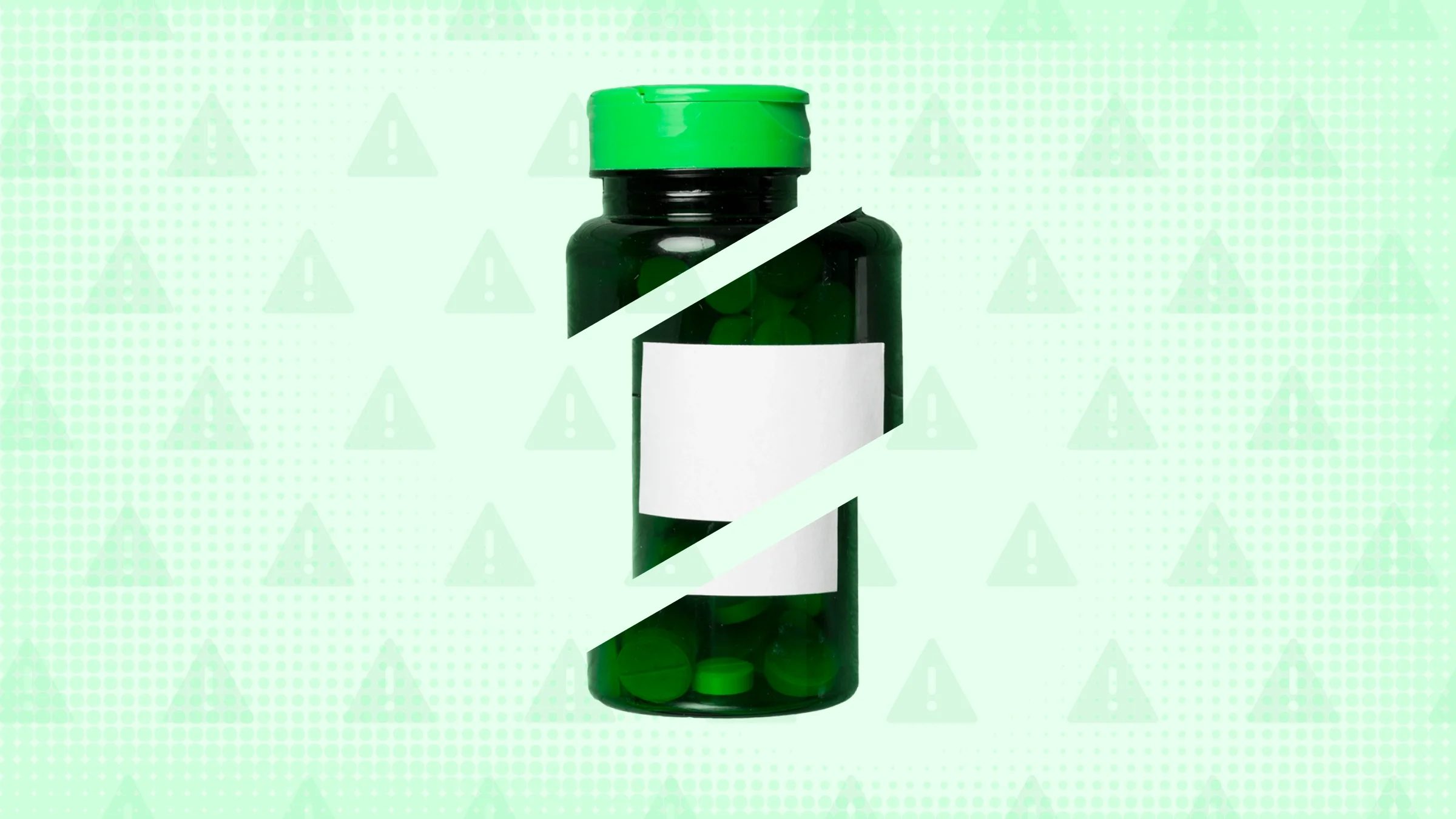 Light-green background with texture and warning sign pattern. In the center is a green supplement bottle cut into thirds. 