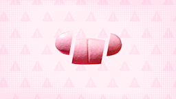 Light-pink background with texture and a warning sign pattern. In the center is a pink pill cut into thirds. 
GoodRx Health
