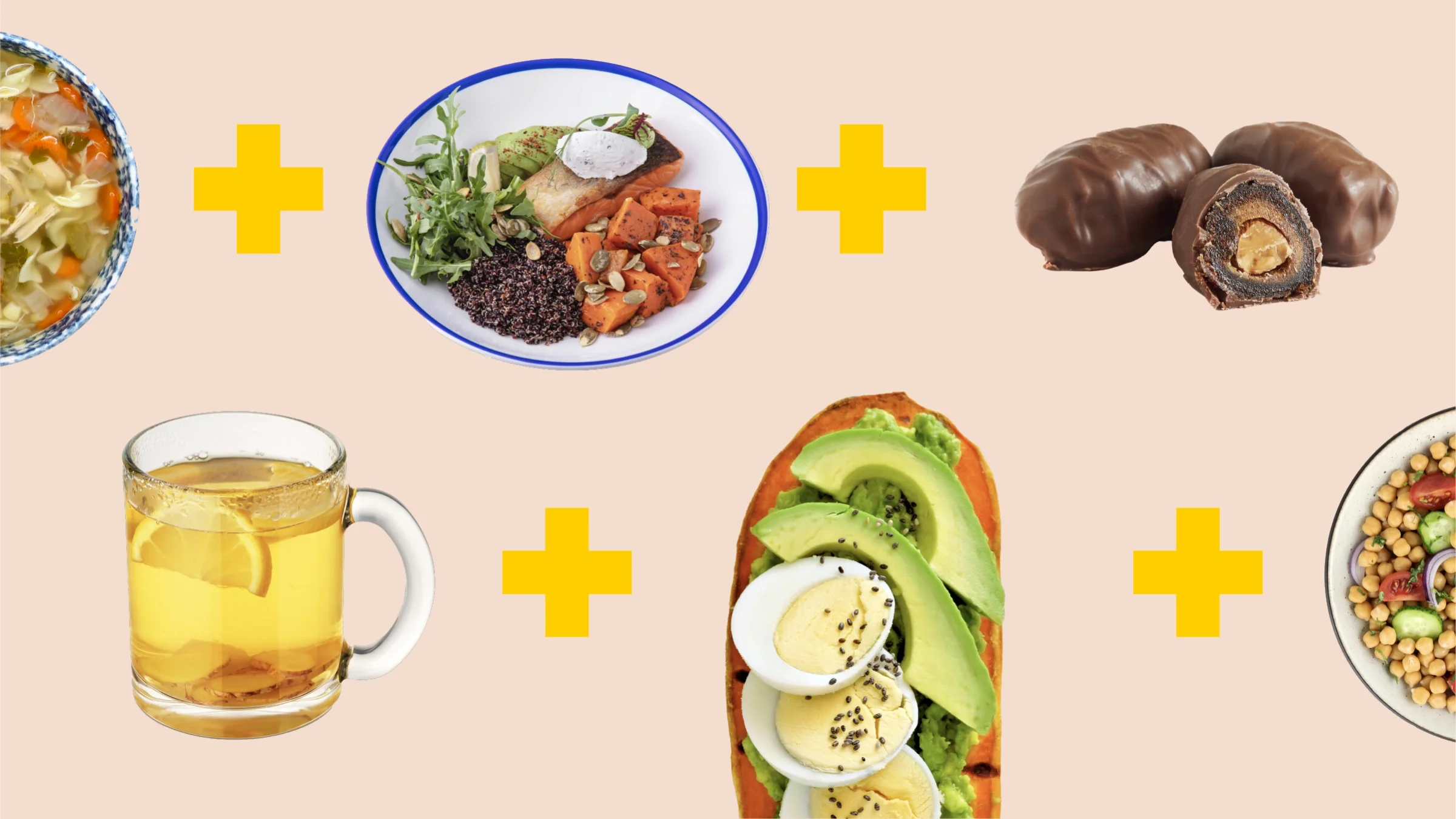 A graphic on foods for improving gut health includes photos of a salmon salad, egg and avocado toast, and other dishes.